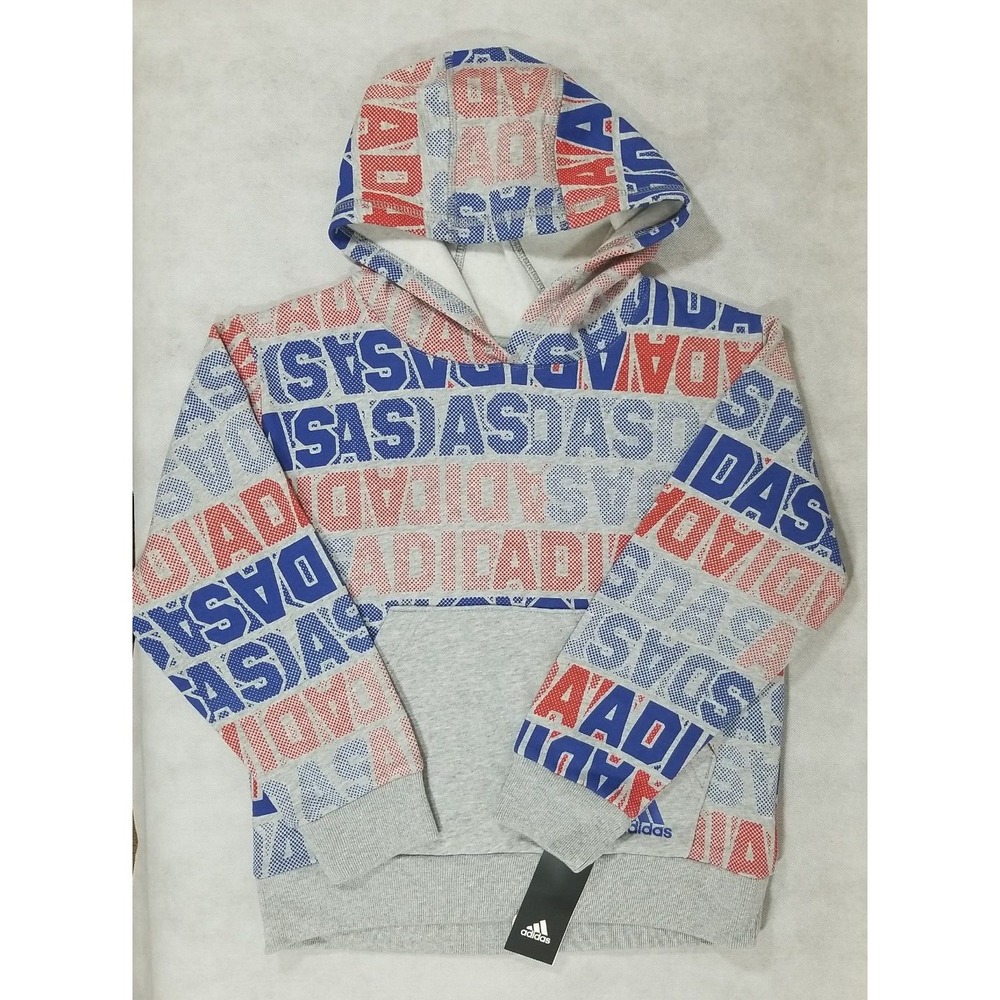 Adidas Boys Size Small Hoodie‎ Sweatshirt Pullover Pocket Grey Red Blue Logo NEW